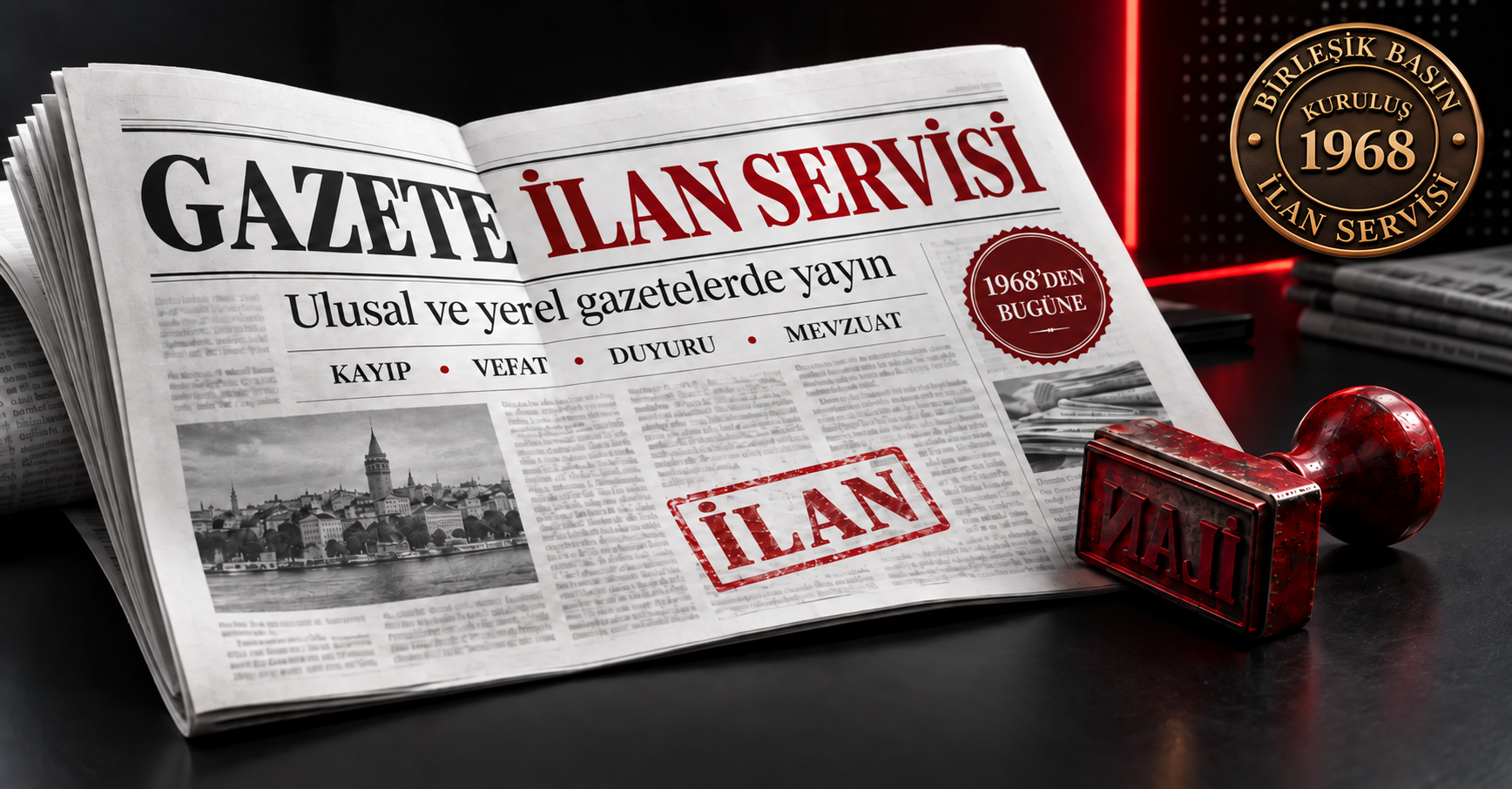 Gazete ilan servisi; ulusal ve yerel gazetelerde kayıp, vefat, duyuru ve mevzuat ilanları